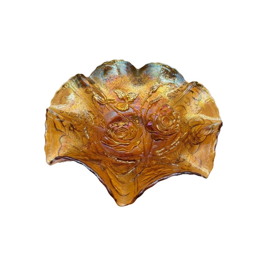 Imperial Glass Bowl Rose Marigold Carnival Ruffled Stippled Iridescent STUNNING